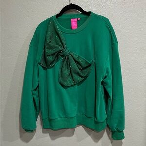 QOS Green Rhinestone Bow Sweatshirt